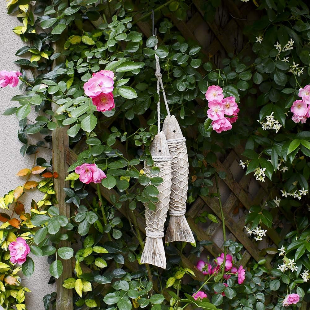 Wooden Fish Hanging Wall Decoration - Rustic Nautical Beach Theme Home Decor Sculpture for Bathroom, Bedroom, Lake House (L)