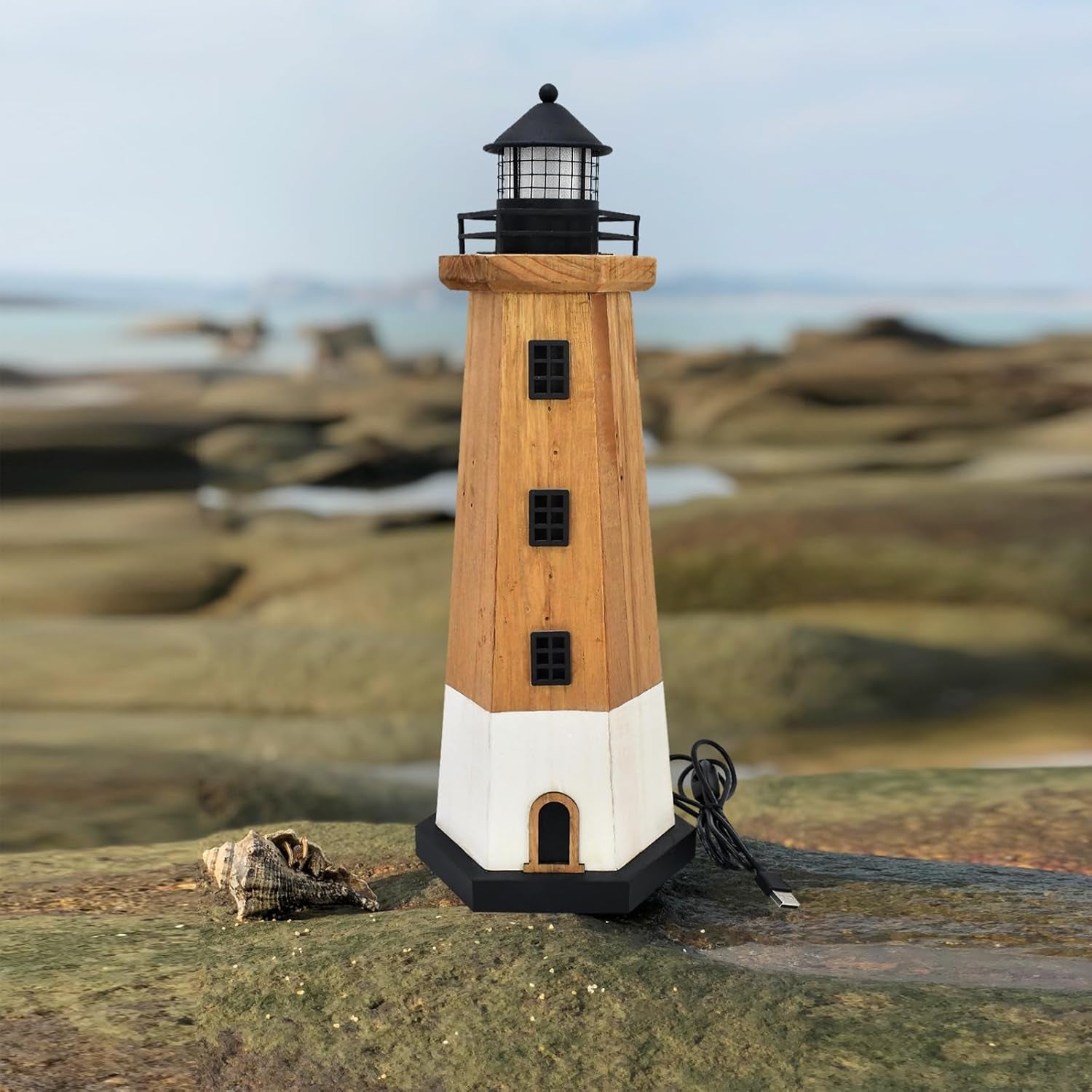 Wooden Lighthouse Decor with Light Nautical Tabletop Centerpiece Beach Themed Decoration Decorative Light Tower Wood Coastal Figurine Indoor Outdoor Party Décor Ocean Ornament (Brown)