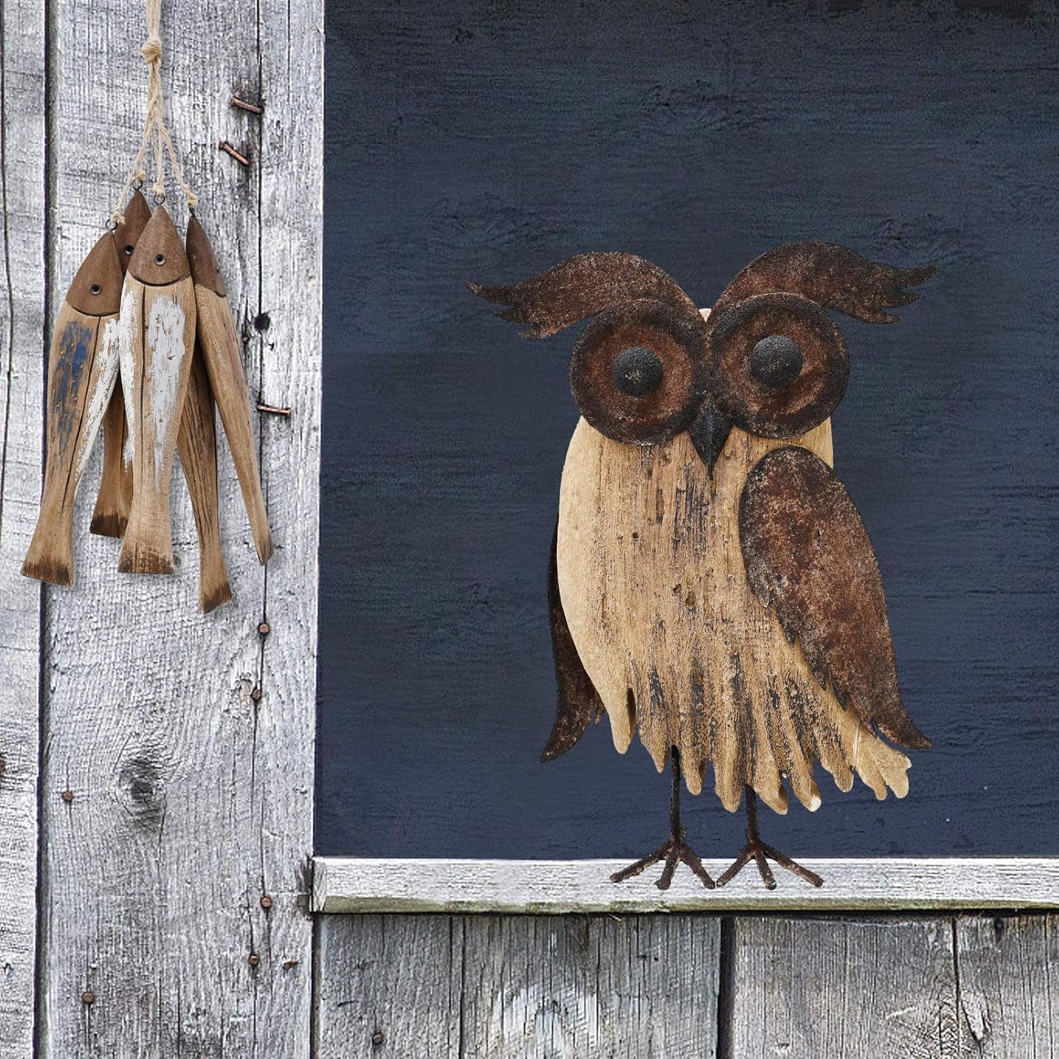 Wood Bird Figurine Home Decor Accent, Rustic Owl Statue Tabletop Decoration for Living Room Bedroom Office, Abstract Spring Summer Autumn Decor (Rust Color B)