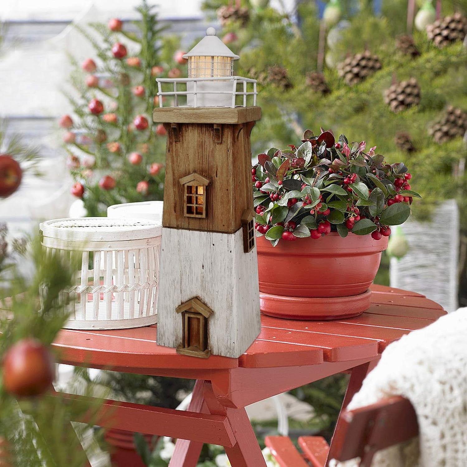 Rustic Wood Lighthouse Decor with Light Tabletop Nautical Decor, Wooden Lighthouse Nautical Decoration Beach Themed Decoration Coastal Decor Lighthouse Decoration for Home Mediterranean Decor