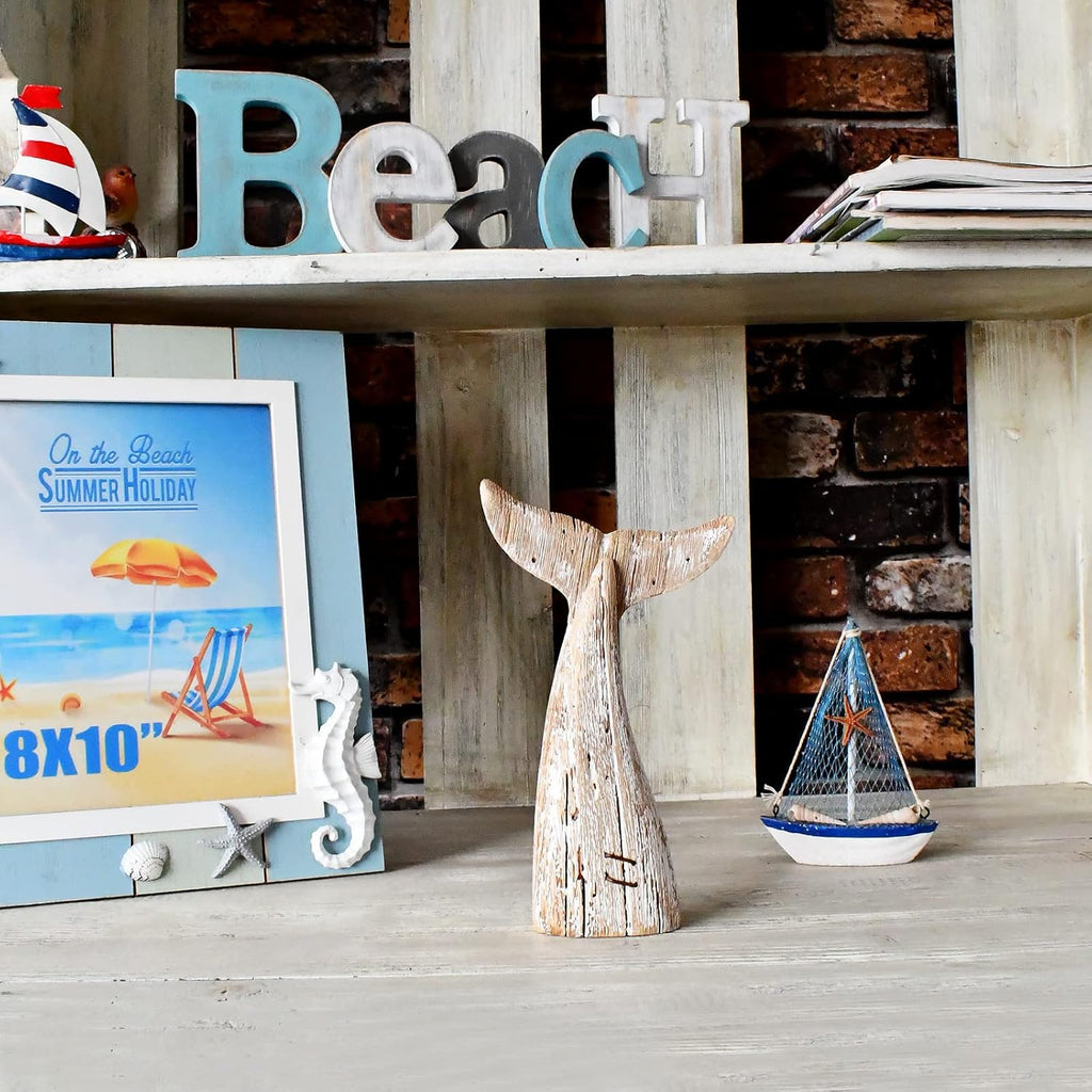 Wooden Whale Tail Decor, Decorative Nautical Whale Rustic Ocean Sea Beach Themed Whale Decoration, Handcrafted Tabletop Nautical Themed Home Decor Bathroom Decor (S)