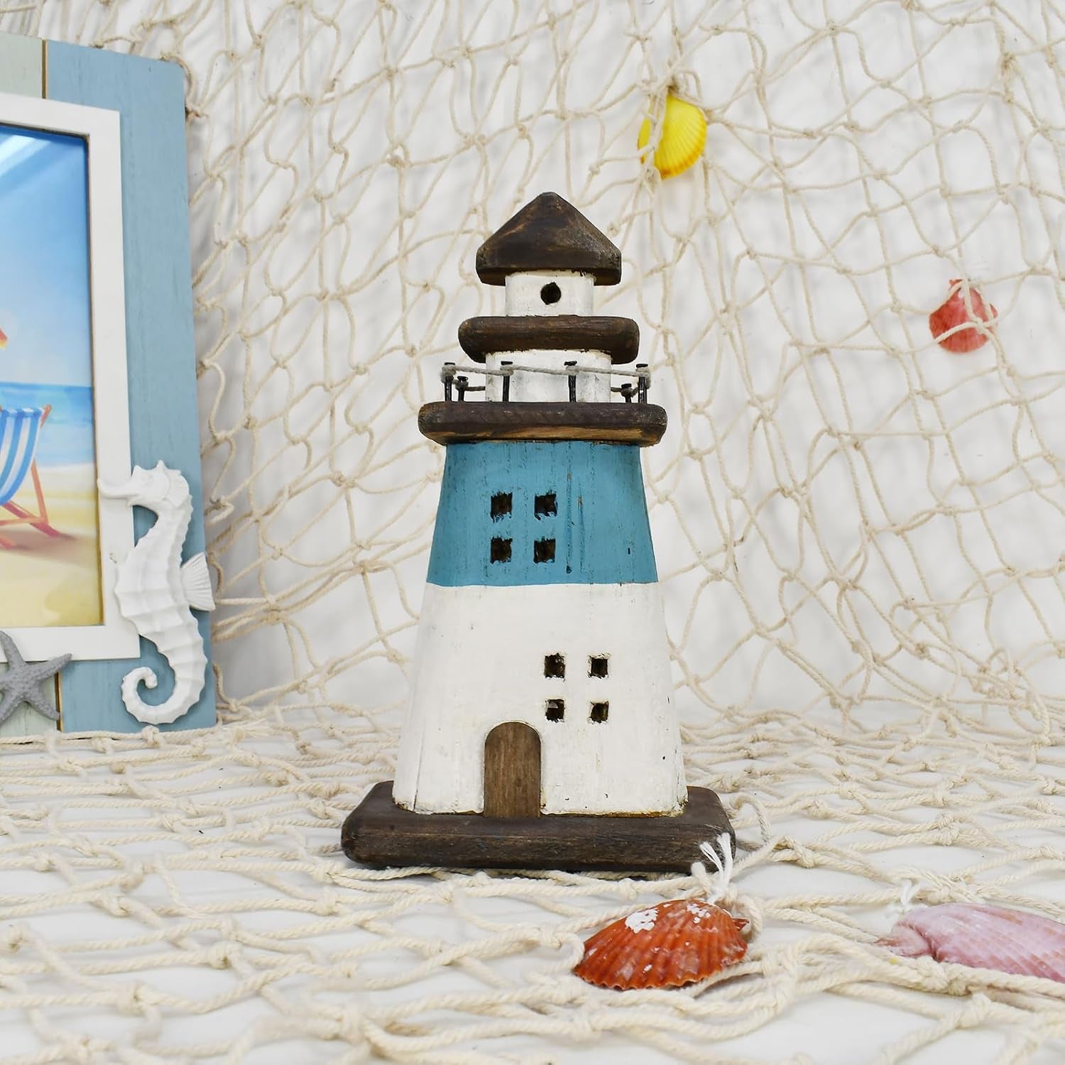 Wooden Lighthouse Decor Tabletop Nautical Decor Solid Wood Light Houses Statue Figurines inside Standing Coastal Beach Ocean Sea Theme for Home Decor Bathroom (Blue - 7.5 Inch Tall)