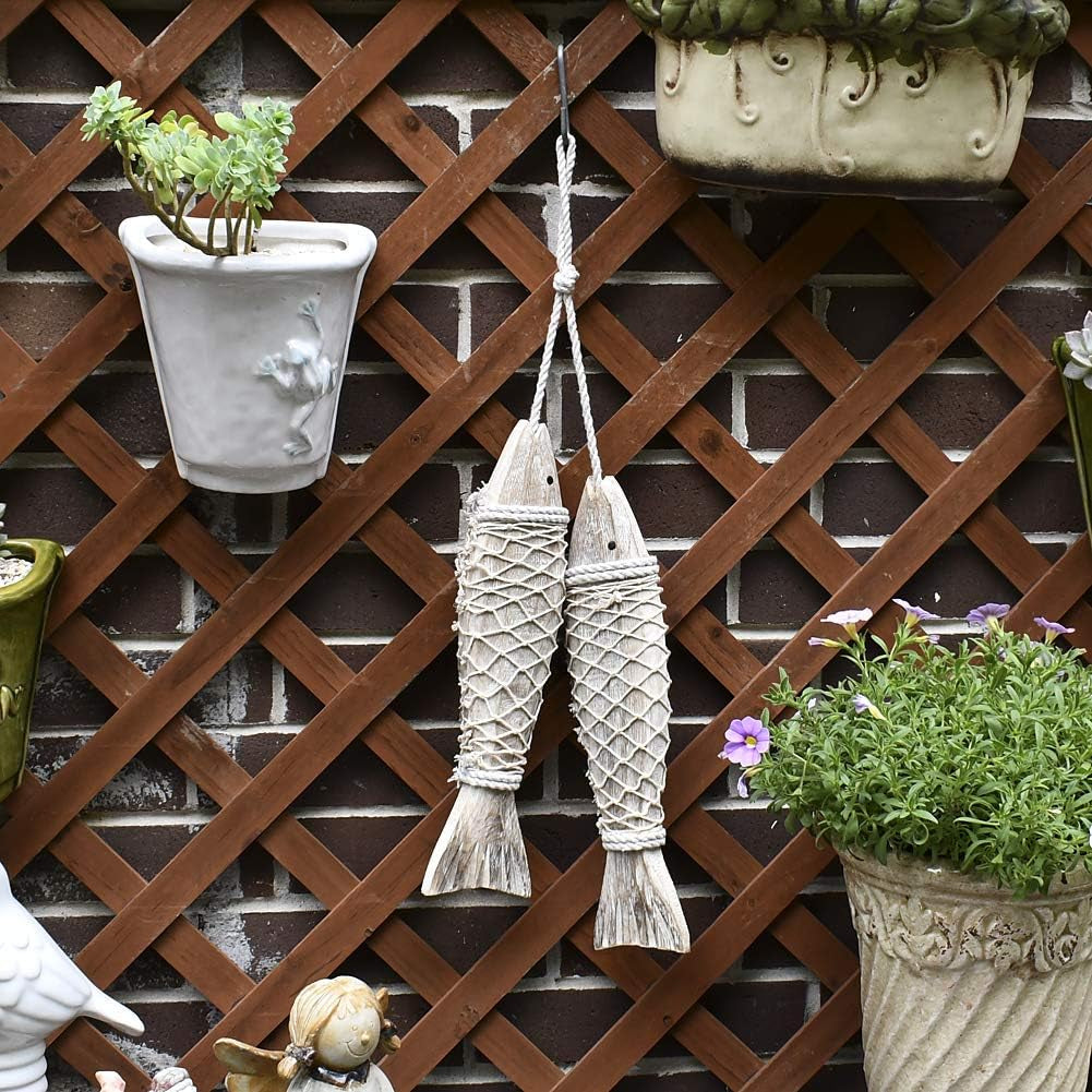 Wooden Fish Hanging Wall Decoration - Rustic Nautical Beach Theme Home Decor Sculpture for Bathroom, Bedroom, Lake House (L)