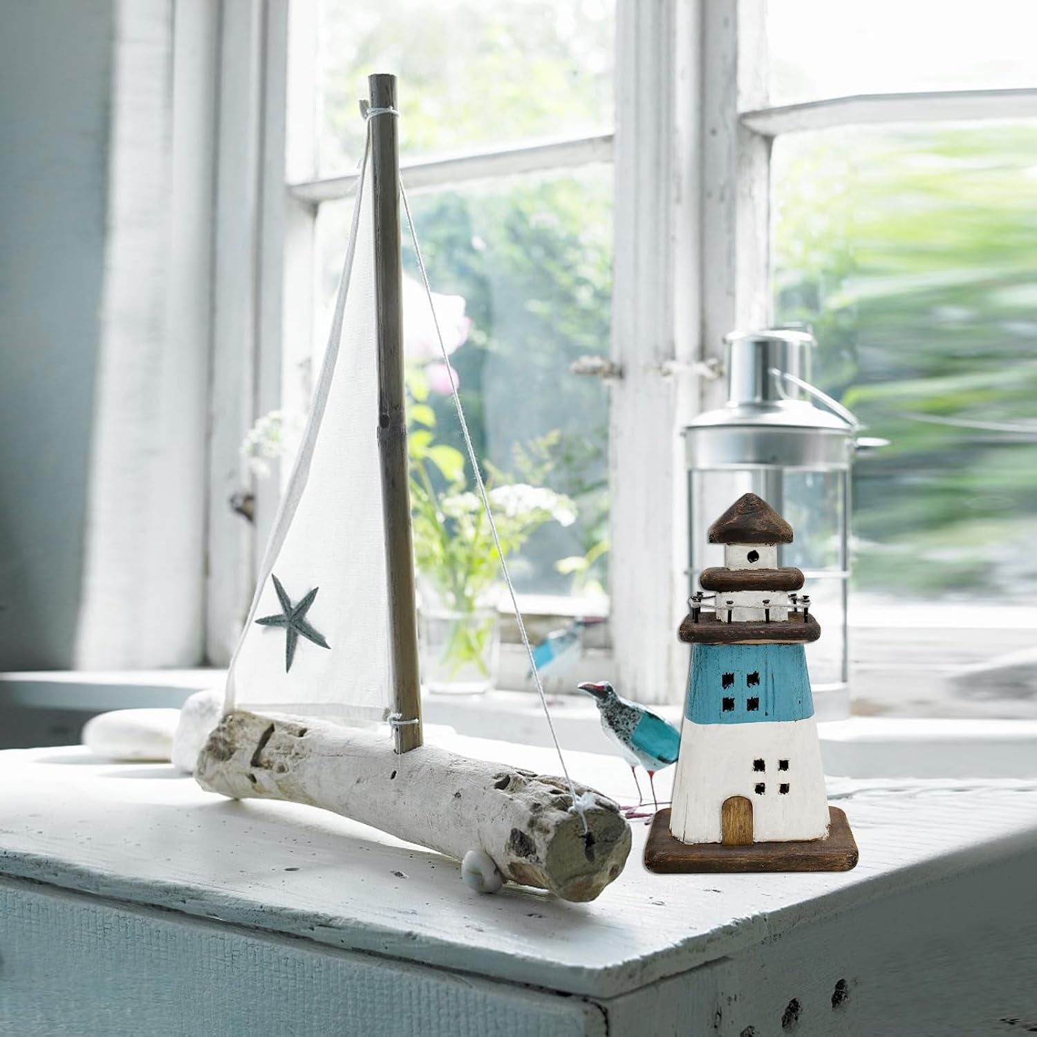 Wooden Lighthouse Decor Tabletop Nautical Decor Solid Wood Light Houses Statue Figurines inside Standing Coastal Beach Ocean Sea Theme for Home Decor Bathroom (Blue - 7.5 Inch Tall)