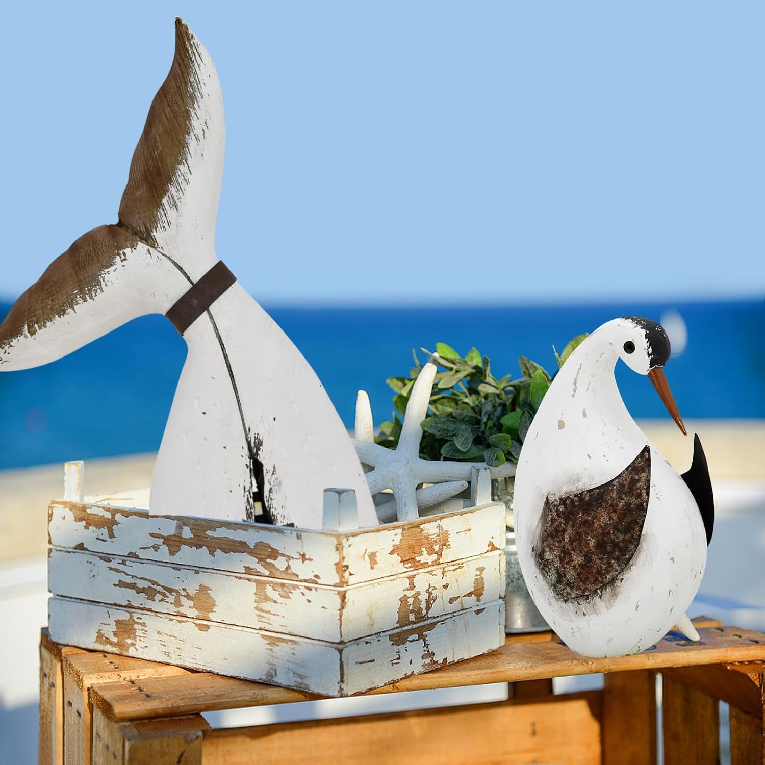 6.1" H Nautical Wood Beach Sea Bird Table Statue Decorative Seabird Figurine Handmade Sculpture Rustic Distressed Farmhosue Nautical Bird Statue Sea Ocean Coastal Home Decoration (M)