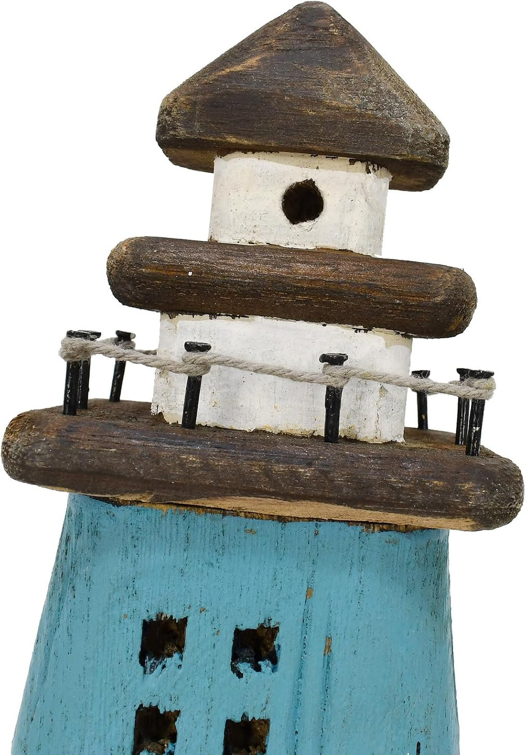 Wooden Lighthouse Decor Tabletop Nautical Decor Solid Wood Light Houses Statue Figurines inside Standing Coastal Beach Ocean Sea Theme for Home Decor Bathroom (Blue - 7.5 Inch Tall)