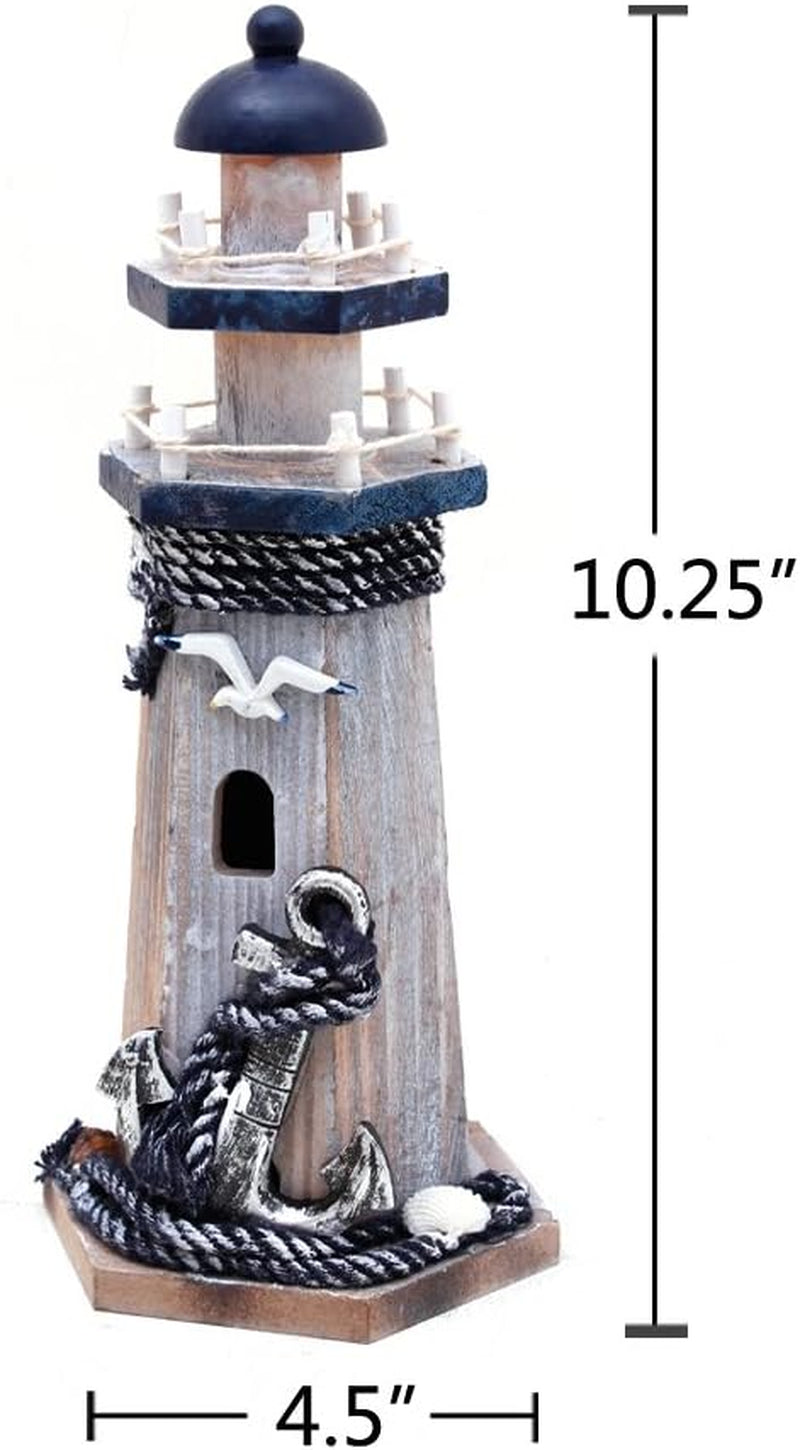 Wooden Lighthouse Decor, 10.25Inch Decorative Nautical Lighthouse Rustic Ocean Sea Beach Themed Lighthouse Decoration, Handcrafted Tabletop Nautical Themed Home Decor Bathroom Decor(Seabird & Anchor)