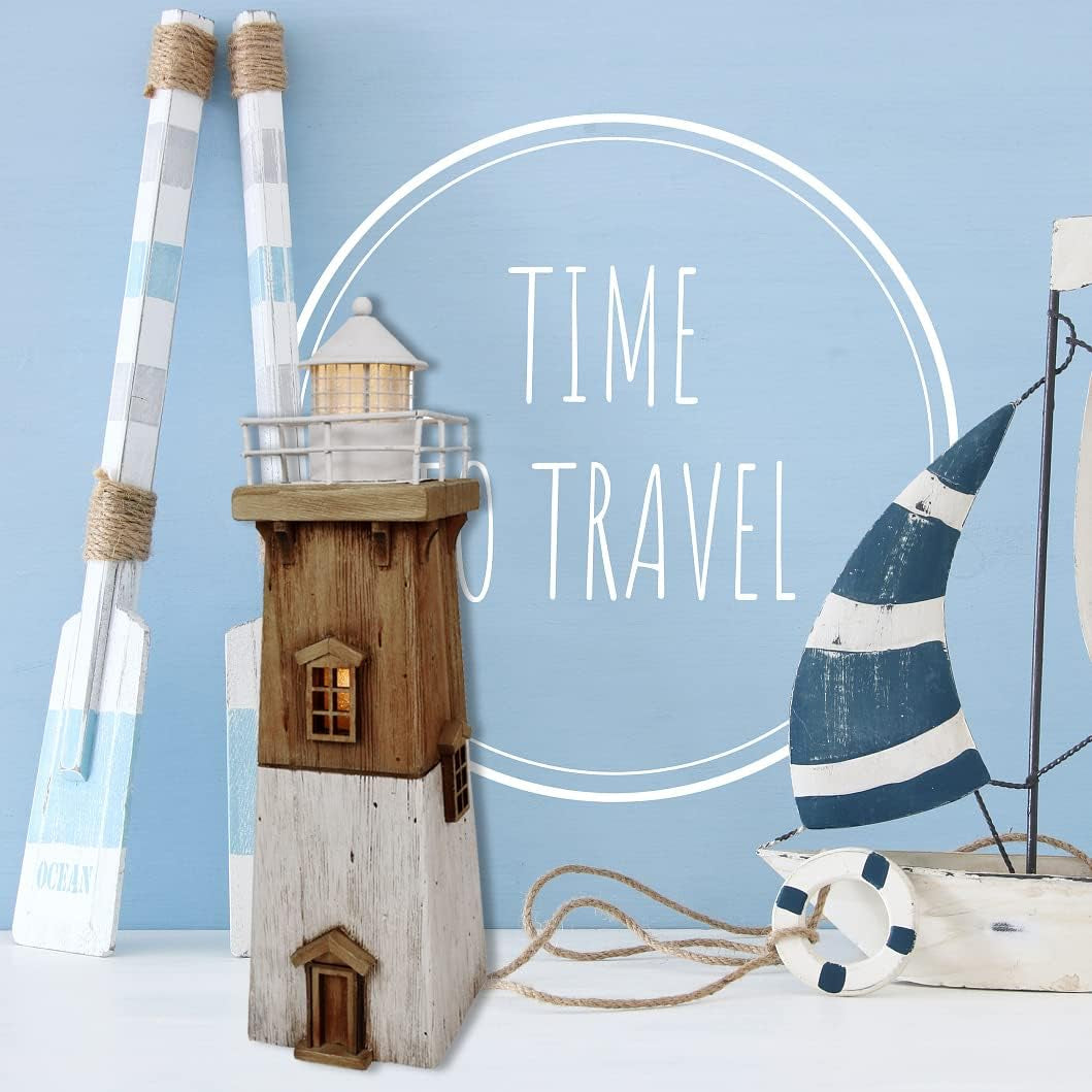 Rustic Wood Lighthouse Decor with Light Tabletop Nautical Decor, Wooden Lighthouse Nautical Decoration Beach Themed Decoration Coastal Decor Lighthouse Decoration for Home Mediterranean Decor