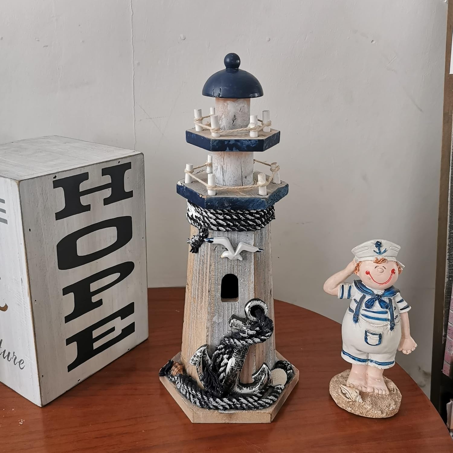 Wooden Lighthouse Decor, 10.25Inch Decorative Nautical Lighthouse Rustic Ocean Sea Beach Themed Lighthouse Decoration, Handcrafted Tabletop Nautical Themed Home Decor Bathroom Decor(Seabird & Anchor)