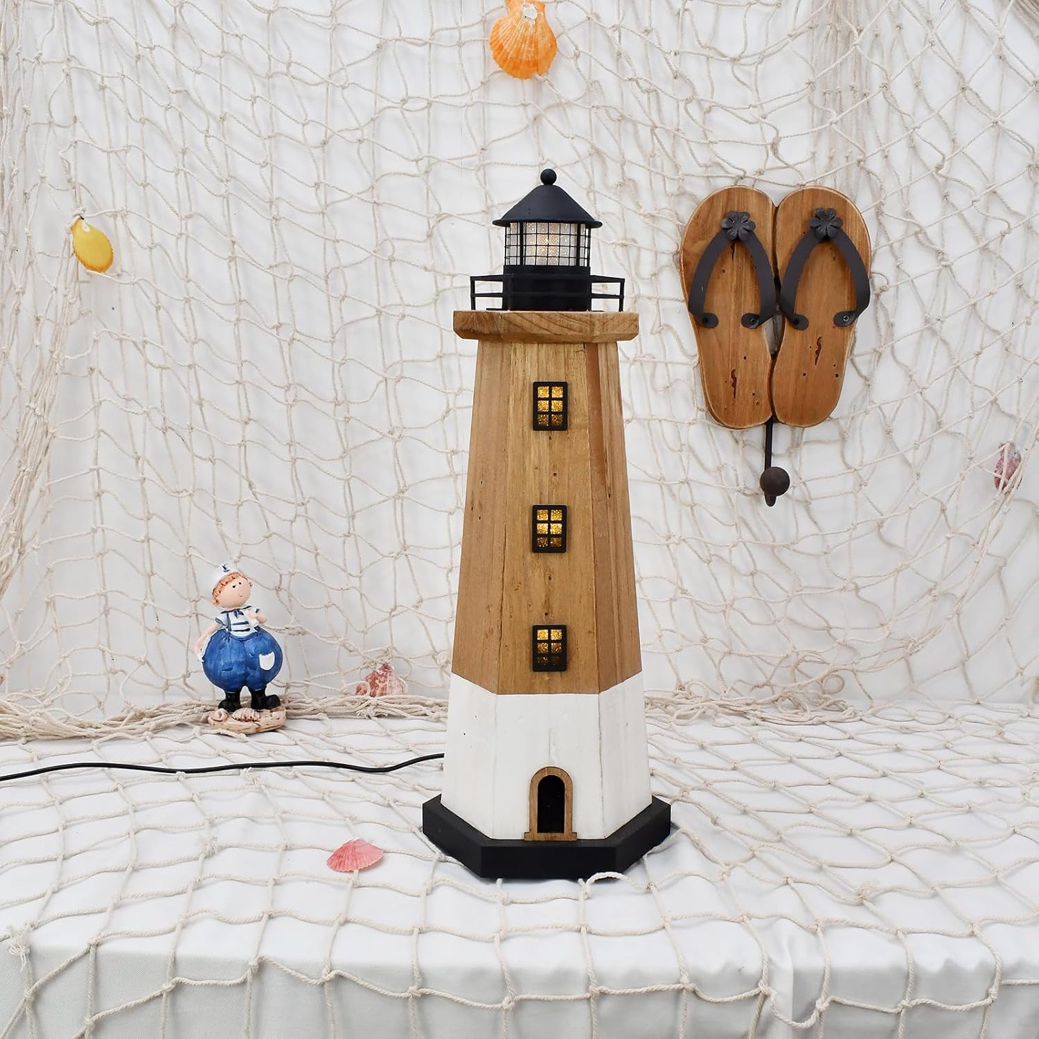 Wooden Lighthouse Decor with Light Nautical Tabletop Centerpiece Beach Themed Decoration Decorative Light Tower Wood Coastal Figurine Indoor Outdoor Party Décor Ocean Ornament (Brown)