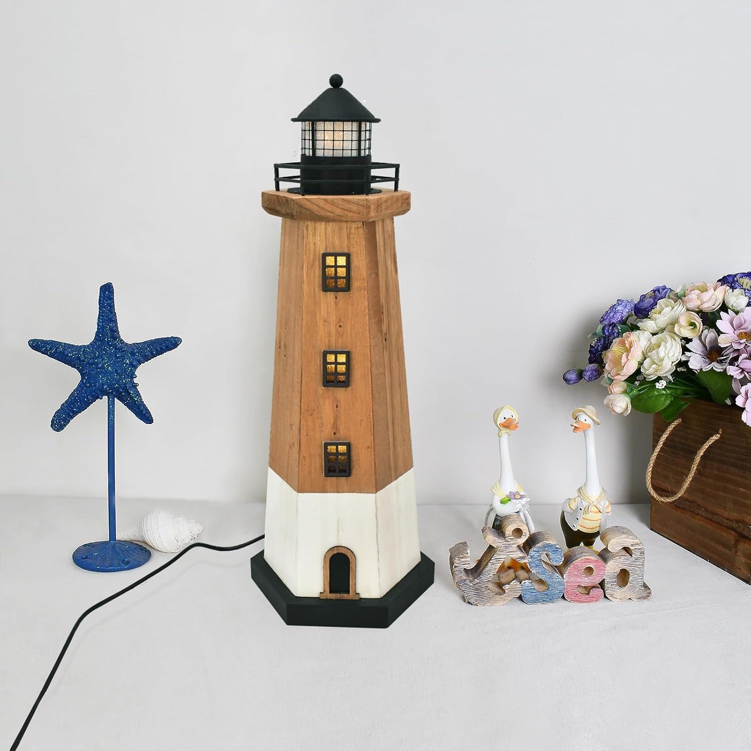 Wooden Lighthouse Decor with Light Nautical Tabletop Centerpiece Beach Themed Decoration Decorative Light Tower Wood Coastal Figurine Indoor Outdoor Party Décor Ocean Ornament (Brown)