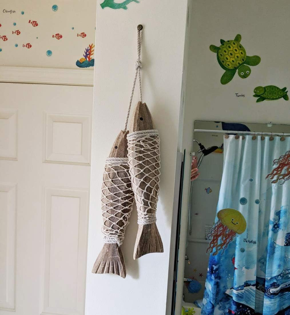Wooden Fish Hanging Wall Decoration - Rustic Nautical Beach Theme Home Decor Sculpture for Bathroom, Bedroom, Lake House (L)