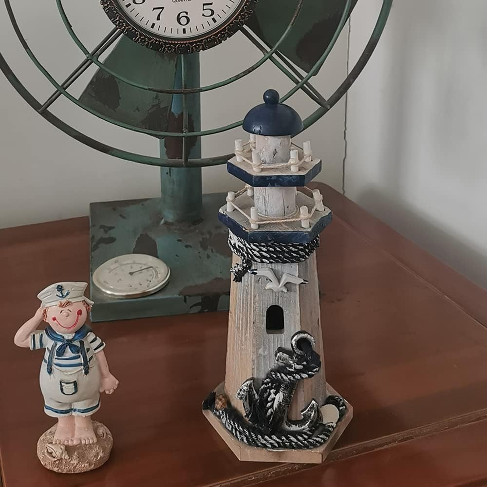 Wooden Lighthouse Decor, 10.25Inch Decorative Nautical Lighthouse Rustic Ocean Sea Beach Themed Lighthouse Decoration, Handcrafted Tabletop Nautical Themed Home Decor Bathroom Decor(Seabird & Anchor)