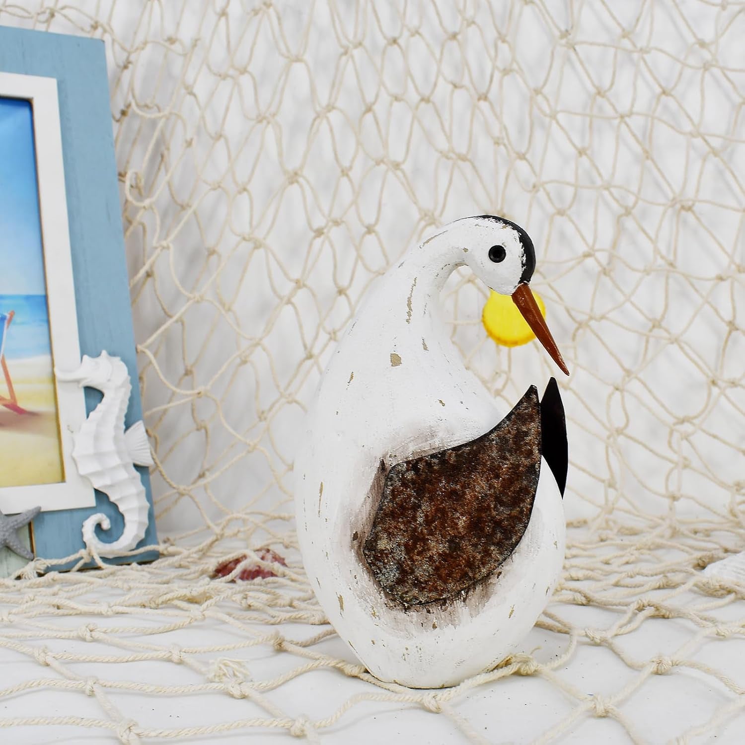 6.1" H Nautical Wood Beach Sea Bird Table Statue Decorative Seabird Figurine Handmade Sculpture Rustic Distressed Farmhosue Nautical Bird Statue Sea Ocean Coastal Home Decoration (M)