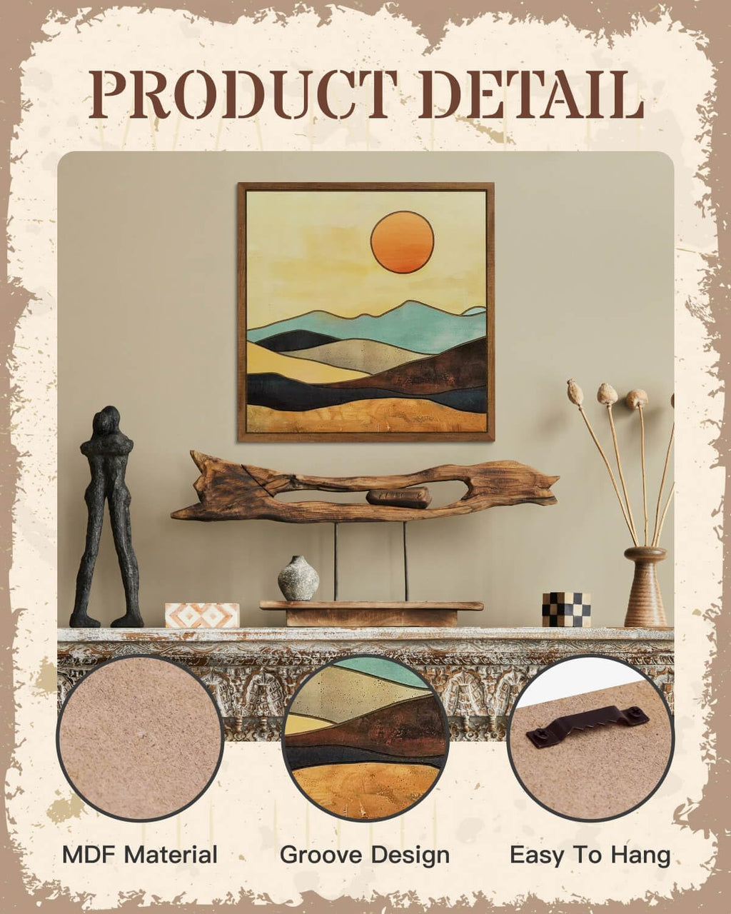 Boho Wooden Wall Decor, Mountain Sun Moon Western Decor Nature Wilderness Wall Art, Rustic Cabin Decor Adventure Farmhouse Wall Decor for Living Room Bedroom (Sun)