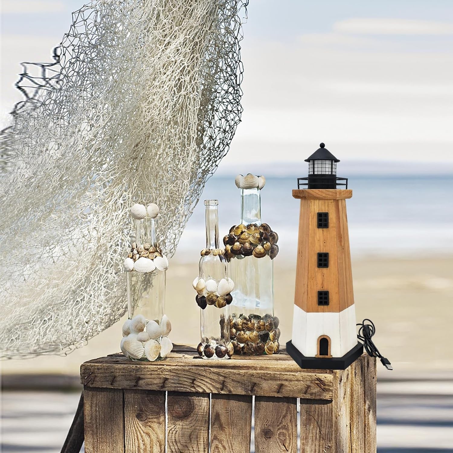 Wooden Lighthouse Decor with Light Nautical Tabletop Centerpiece Beach Themed Decoration Decorative Light Tower Wood Coastal Figurine Indoor Outdoor Party Décor Ocean Ornament (Brown)
