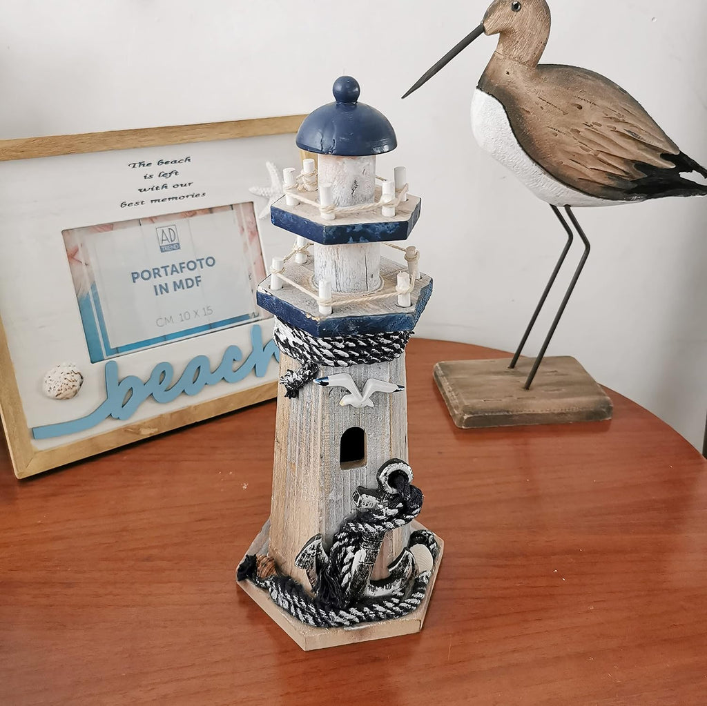 Wooden Lighthouse Decor, 10.25Inch Decorative Nautical Lighthouse Rustic Ocean Sea Beach Themed Lighthouse Decoration, Handcrafted Tabletop Nautical Themed Home Decor Bathroom Decor(Seabird & Anchor)
